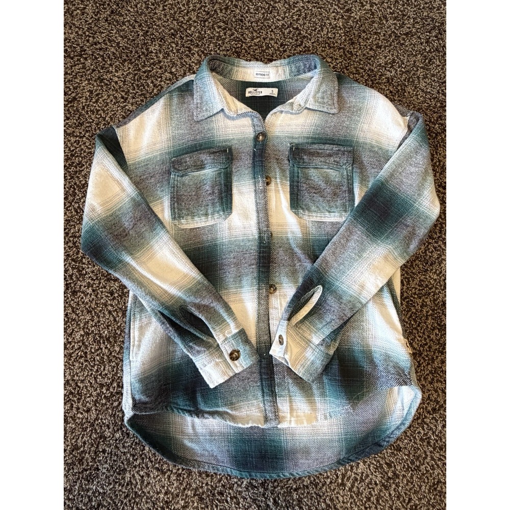 Womens S Hollister Flannel Long Sleeve Button Up Shirt Green Plaid Boyfriend Fit
